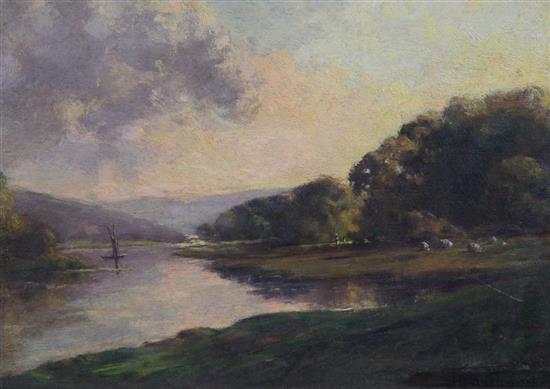 Harold Goldthwaite (1869-1932) River landscape at sunset, 9.5 x 13.5in.